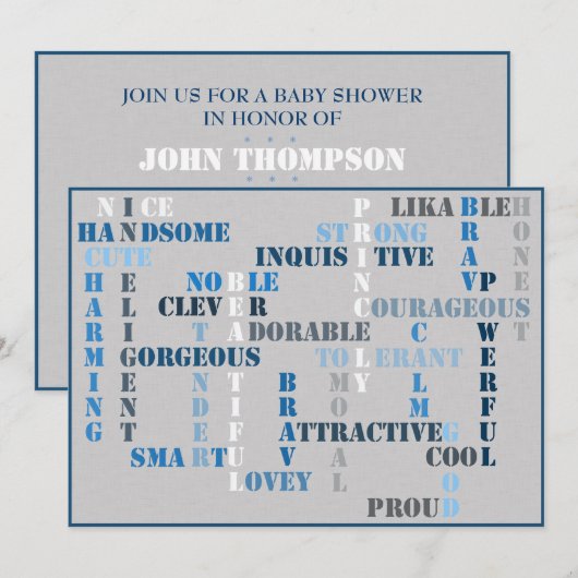 baby shower Baby BOY Crossword Invitation Card Kaart (Voorkant / Achterkant)