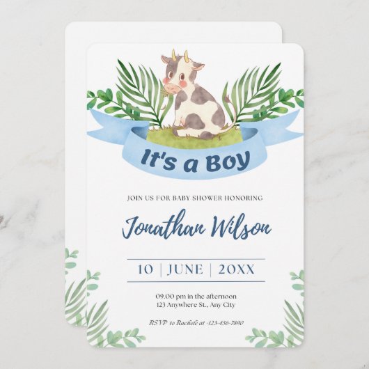Baby shower Baby Boy Schattigee Koe Uitnodiging (Voorkant / Achterkant)