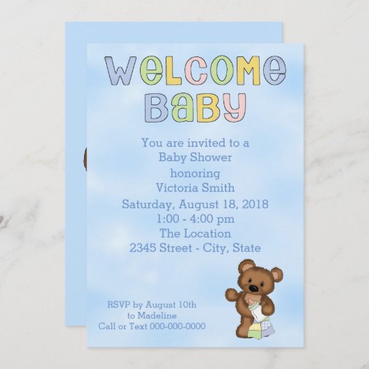 Baby shower Baby Boy Teddy Bear Kaart (Voorkant / Achterkant)