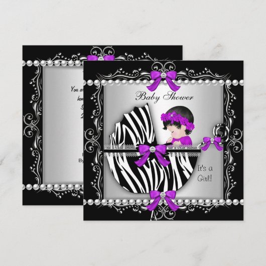 Baby shower Baby Cute Girl Zebra Pram Silver Kaart (Voorkant / Achterkant)