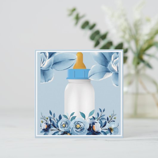 Baby shower - Baby Fles- Flowers Bedankkaart (Staand voorkant)