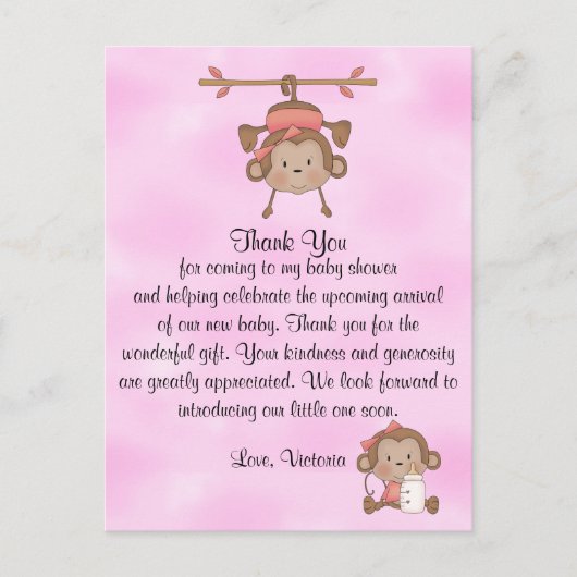 Baby shower Baby Girl Monkey Briefkaart (Voorkant)