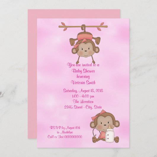 Baby shower Baby Girl Monkey Kaart (Voorkant / Achterkant)