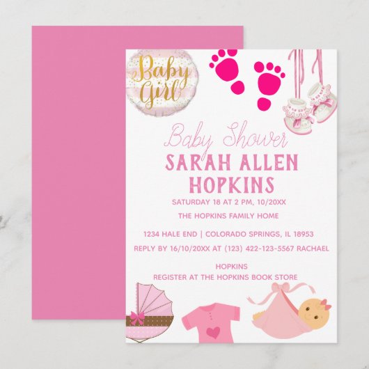 Baby Shower | Baby Girl Pink Modern Save The Date (Voorkant / Achterkant)