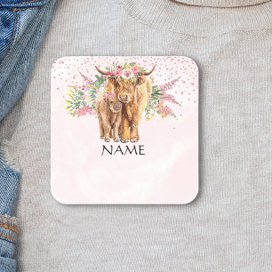 Baby shower Baby Highland Koe Naam Tag Vierkante Sticker
