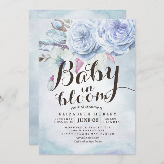 Baby shower Baby in Bloom Bohemian Flowers Feather Kaart (Voorkant / Achterkant)