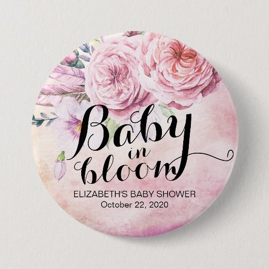 Baby shower Baby in Bloom Boho Flowers & Feathers Ronde Button 7,6 Cm (Voorkant)