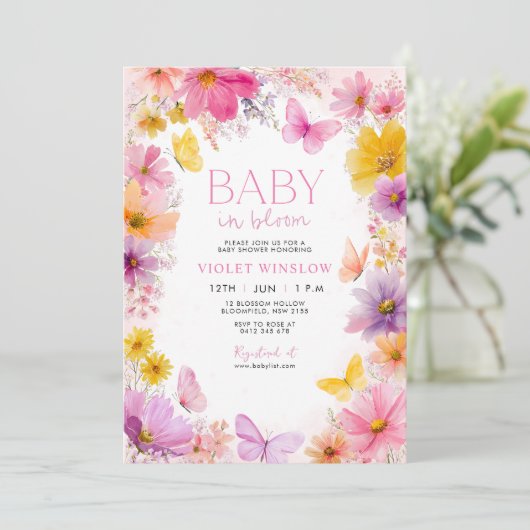 Baby shower Baby in Bloom Butterfly Roze Paarse Kaart (Staand voorkant)