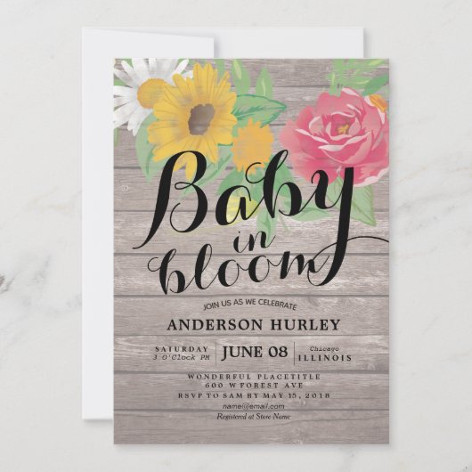 Baby shower Baby in Bloom Chic Flowers Rustic Wood Kaart (Voorkant)