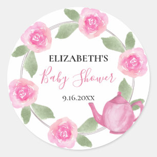 Baby Shower Baby is Brewing Roze Theepot Bloemen Ronde Sticker