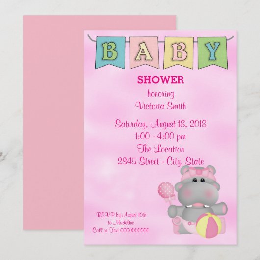 Baby shower Baby Meisje Hippo Kaart (Voorkant / Achterkant)
