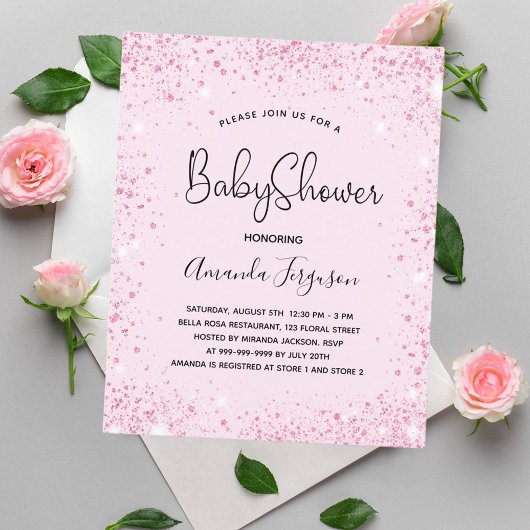 Baby shower baby meisje roze glitter uitnodiging