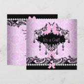 Baby shower Baby Meisje Roze Zwart Damask Bow Kaart (Voorkant / Achterkant)