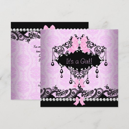 Baby shower Baby Meisje Roze Zwart Damask Bow Kaart (Voorkant / Achterkant)