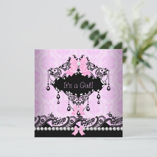 Baby shower Baby Meisje Roze Zwart Damask Bow Kaart (Staand voorkant)