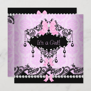 Baby shower Baby Meisje Roze Zwart Damask Bow Kaart
