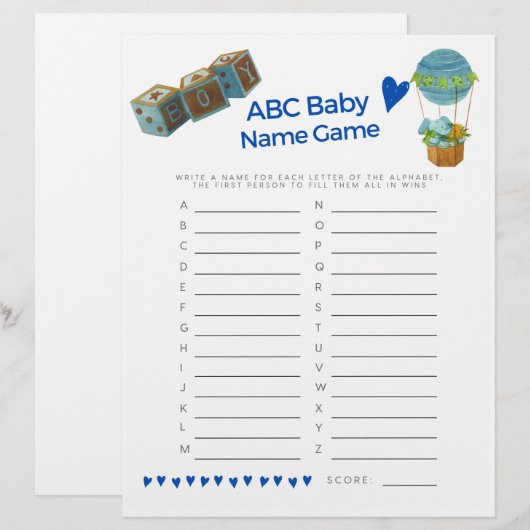 Baby shower Baby Naam Game Baby Boy Trendy Fun (Voorkant / Achterkant)