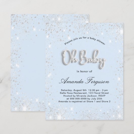 Baby shower babyblauwe jongen zilter glitter (Voorkant / Achterkant)