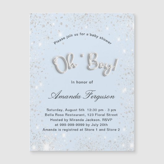 Baby shower babyblauwe jongen zilveren luxe magnetische uitnodiging (Voorkant)