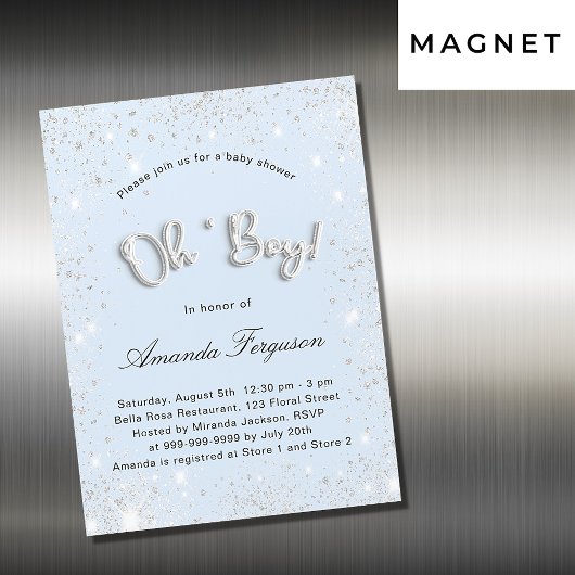 Baby shower babyblauwe jongen zilveren luxe magnetische uitnodiging