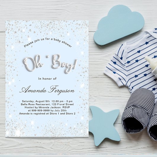 Baby shower babyblauwe jongen zilveren uitnodiging flyer