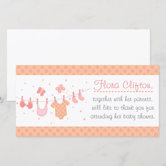Baby Shower: Babykleren aan de lijn Bedankkaart (Voorkant / Achterkant)