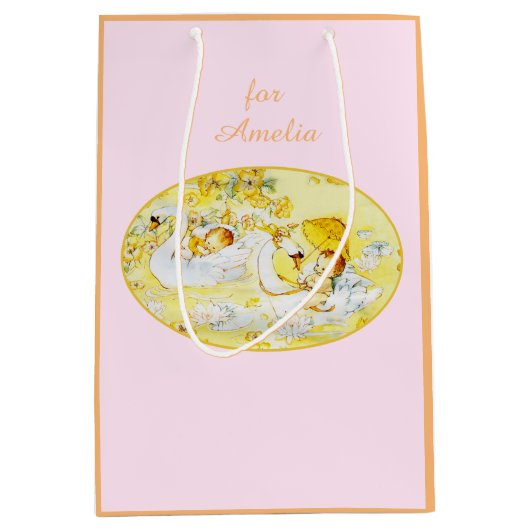 baby shower Bag Swan Roze en Oranje Medium Cadeauzakje (Voorkant)