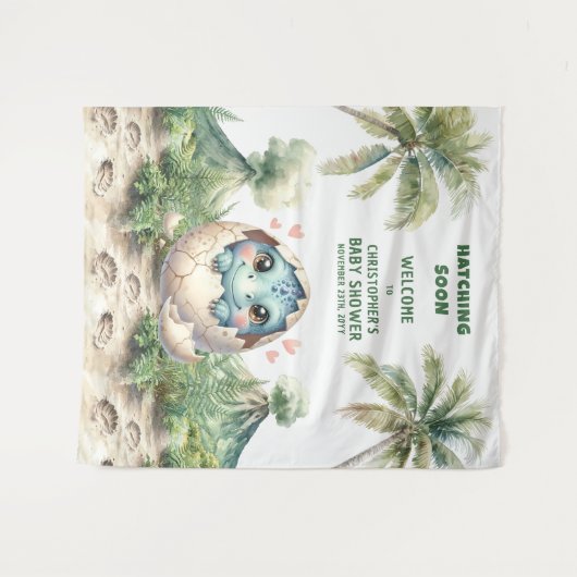 Baby shower Banner Hatching Soon Blue Dinosaur Wandkleed (Voorkant (horizontaal))