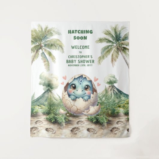 Baby shower Banner Hatching Soon Blue Dinosaur Wandkleed (Voorkant)