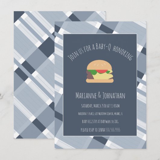 Baby shower BBQ Backyard Pset Blue Invitation Kaart (Voorkant / Achterkant)
