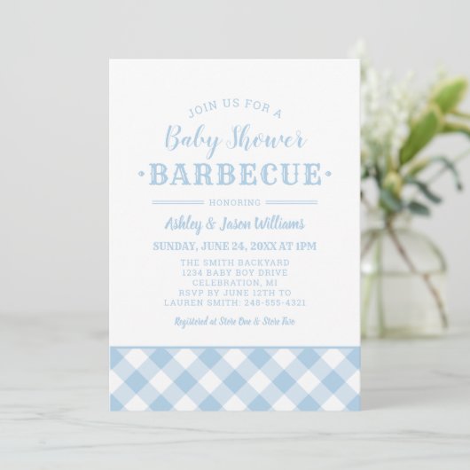 Baby shower BBQ Bleek Blue Gingham Pset Kaart (Staand voorkant)