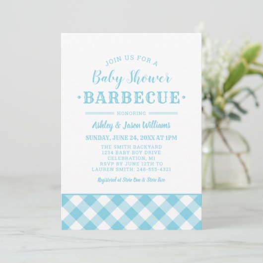 Baby shower BBQ Light Blue Gingham Pset Kaart (Staand voorkant)