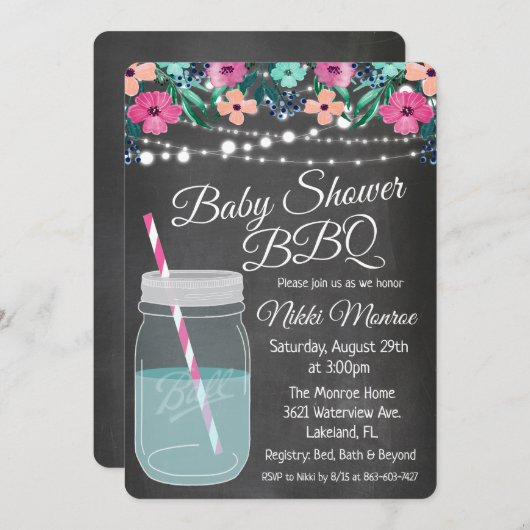 baby shower BBQ Mason Jar Invitation Kaart (Voorkant / Achterkant)