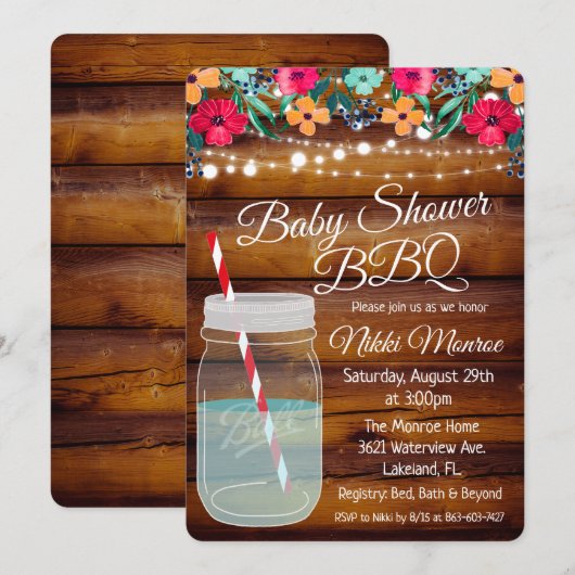 Baby Shower BBQ Mason Jar Uitnodiging (Voorkant / Achterkant)