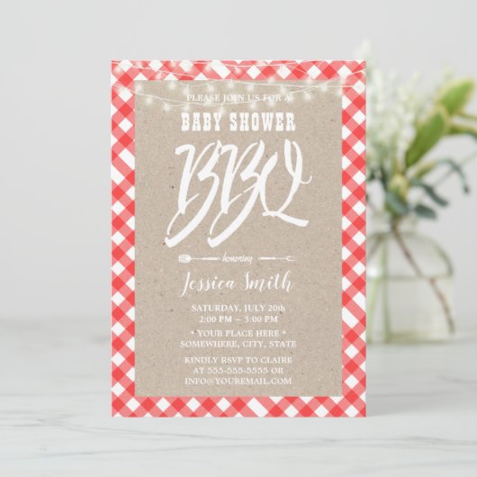 Baby shower BBQ Red Pset Rustic Kraft Kaart (Staand voorkant)