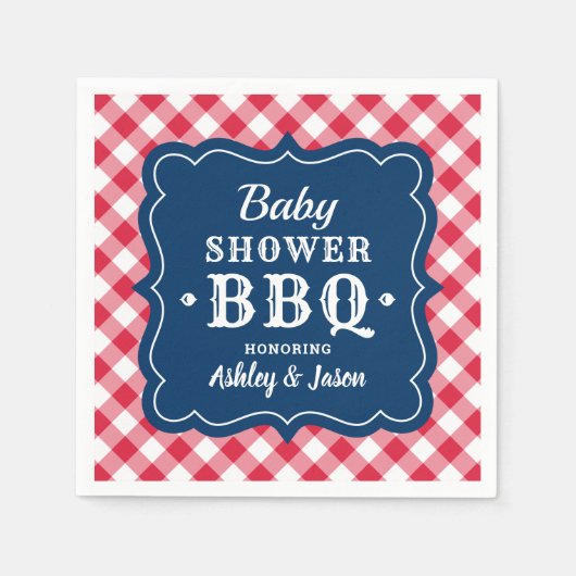Baby shower BBQ Red White Navy Blue Gingham Pset Servetten (Voorkant)