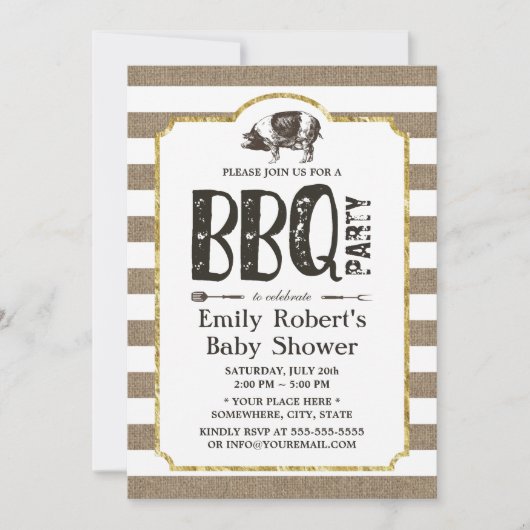 Baby shower BBQ Rustic Burlap Stripes Kaart (Voorkant)