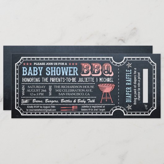 baby shower BBQ Ticket Invitations w Diaper Raffle Kaart (Voorkant / Achterkant)