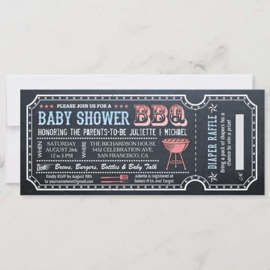 baby shower BBQ Ticket Invitations w Diaper Raffle Kaart (Voorkant)