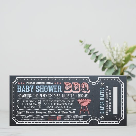 Baby shower BBQ Ticket Uitnodigingen w Luier Raffl (Staand voorkant)