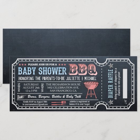 Baby shower BBQ Ticket Uitnodigingen w Luier Raffl (Voorkant / Achterkant)
