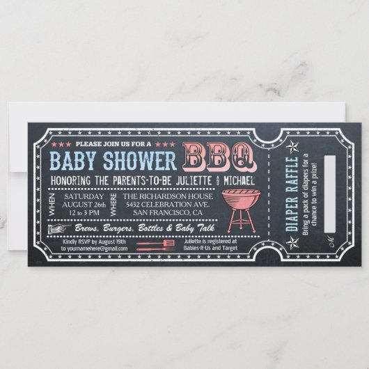Baby shower BBQ Ticket Uitnodigingen w Luier Raffl (Voorkant)