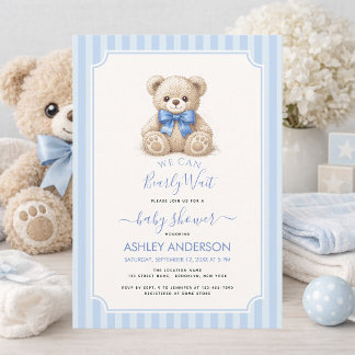 Baby Shower Bearly Wait Teddy Bear & Blue Stripes Kaart