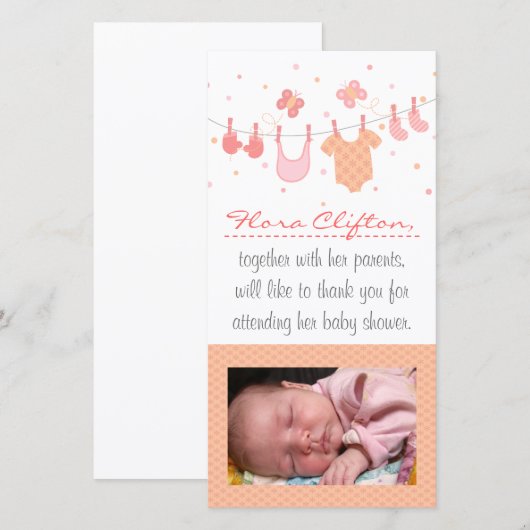 Baby shower bedankje: babykleren aan de waslijn bedankkaart (Voorkant / Achterkant)