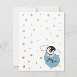 Baby shower bedankkaart, "Penguin Blue/Gold" Bedankkaart