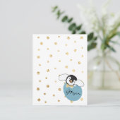 Baby shower bedankkaart, "Penguin Blue/Gold" Bedankkaart (Staand voorkant)