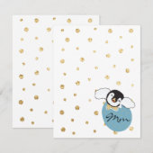 Baby shower bedankkaart, "Penguin Blue/Gold" Bedankkaart (Voorkant / Achterkant)