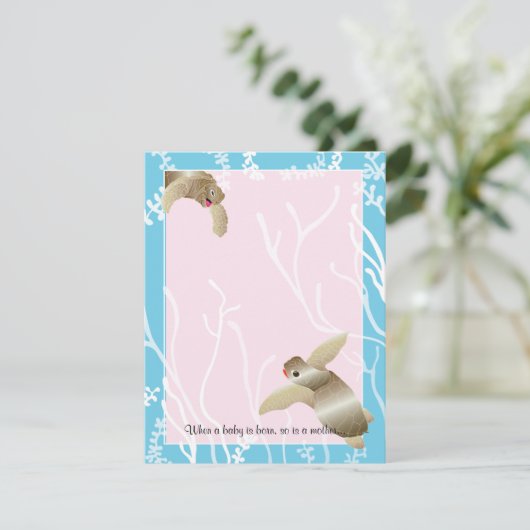 Baby shower bedankkaart, roze/blauwe schildpad bedankkaart (Staand voorkant)