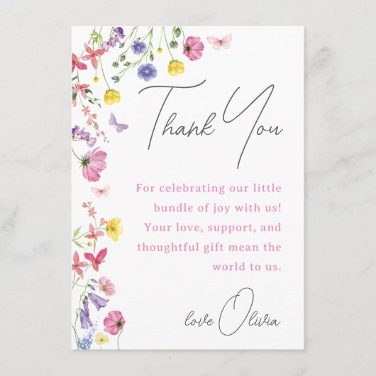 Baby shower bedankkaart | wilde bloem menu (Voorkant)