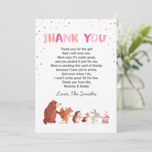 Baby shower bedankkaart Woodland meisje roze (Staand voorkant)